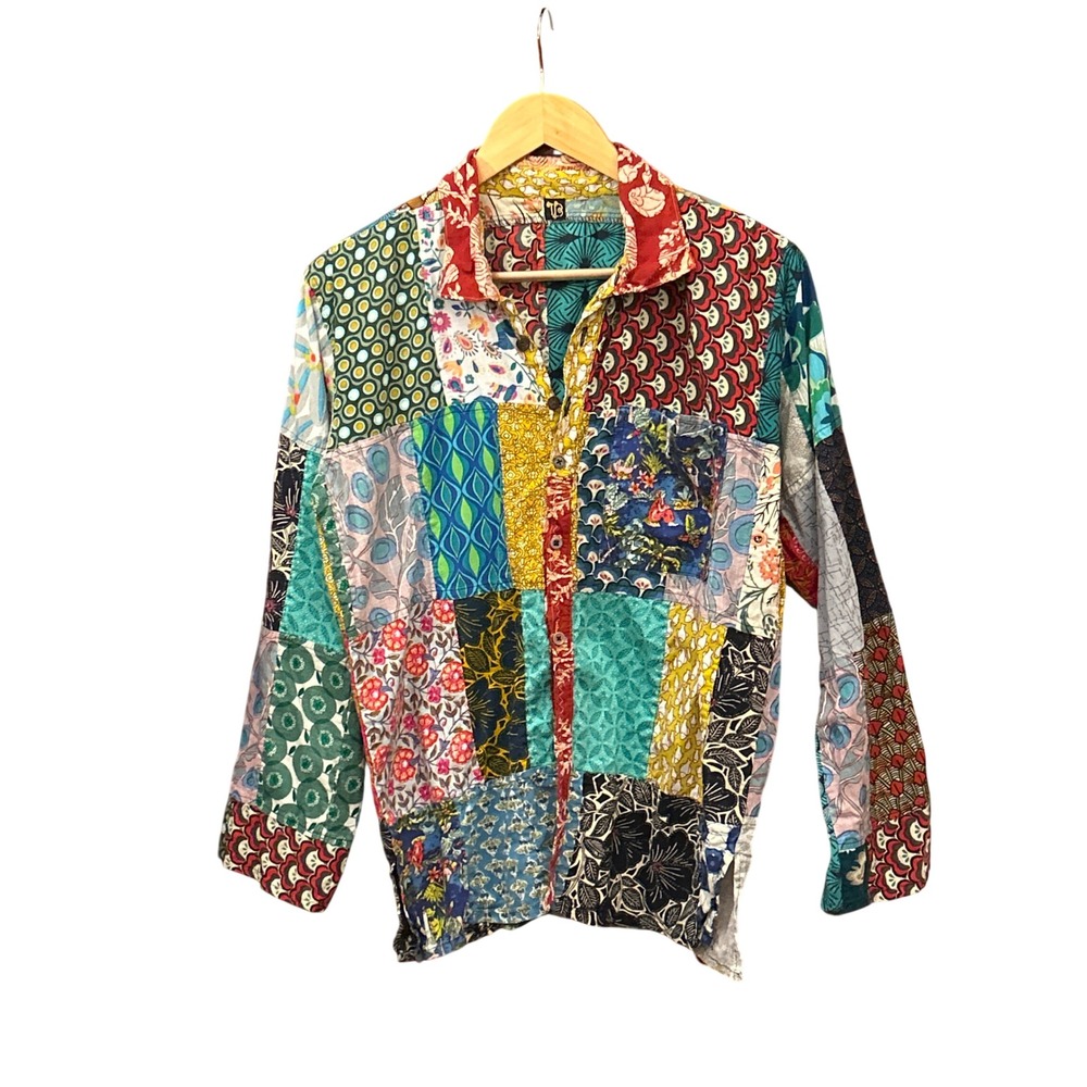 Vintage TB Patchwork Button Down Shirt Boho Eclectic Maximalist Pattern Clash